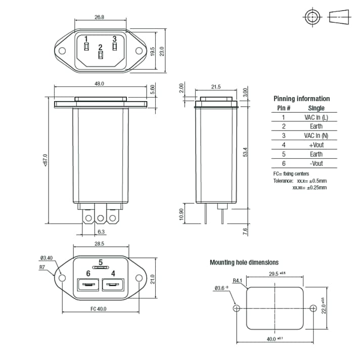 Mechanical Drawing - RECOM Power RAC05-K/C14 AC/DC Converters